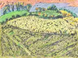 Paysage de campagne dans le Dauphiné by Jean Couty, 1984, Pastel et encre (plume et lavis), sold May 2025