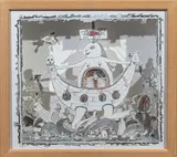 Vogue au-delà des flots by Béatrice Elso, Technique mixte, découpage de papier, crayons de couleur, encre (lavis) et fil de coton ro, sold May 2025