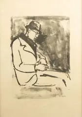 Portrait de Pierre Bonnard by Arbit Blatas, Lithographie en noir, désignée du nom de l'auteur sur une étiquette collée au dos du monta, sold May 2025