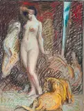 Scène orientaliste : femme entourée de deux tigres by Henri Vincent-Anglade, Pastel, sold May 2025