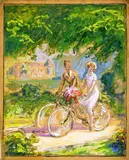 A bicyclette", projet d'illustration pour Peugeot Revue by Henri Vincent-Anglade, Plume, encre noire et gouache sur papier calque, doublé sur papier reprenant au crayon la, sold May 2025