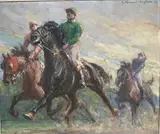 Les jockeys by Henri Vincent-Anglade, Gouache sur carton, sold May 2025