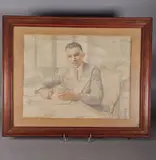 Portrait d'homme à la cravate by Pierre-Dié Mallet, 1947, Sanguine et crayon sur papier, sold Dec 2024