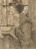 Femme à la coiffe tenant un oiseau by Edgar Maxence, 1925, Crayon, rehaut d'or et gouache blanche, sold Oct 2022