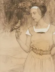 Femme au pigeon by Edgar Maxence, Crayon, rehaut d'or et gouache blanche, sold Oct 2022