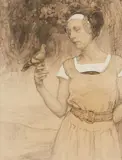 Femme au pigeon by Edgar Maxence, Crayon, rehaut d'or et gouache blanche, sold Oct 2022