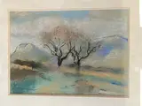 Paysage aux deux arbres by Henry Ottmann, Fusain et pastel, sold Jun 2022