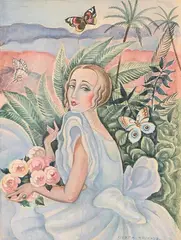 Jeune femme aux papillons et au bouquet de roses by Gerda Wegener, Aquarelle, sold Dec 2023
