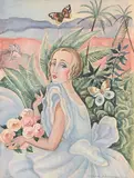 Jeune femme aux papillons et au bouquet de roses by Gerda Wegener, Aquarelle, sold Dec 2023