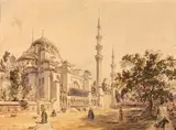 La mosquée de Soliman à Constantinople by Eugène Flandin, Plume et encre grise et brune, aquarelle, sold Dec 2023