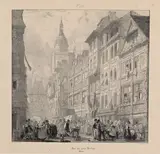 Rue du Gros Horloge, Rouen. 1824 by Richard Parkes Bonington, Lithographie sur chine appliqué, avant les retouches sur le toit, sold Dec 2023