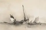 Barque se halant sur une bouée. 1844 by Eugène Isabey, Lithographie en trois tons sur vélin, sans aucune inscription, sold Dec 2023