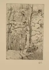 La maison Rondest à l'Hermitage. 1882 by Camille Pissarro, Eau-forte et aquatinte sur vergé, sold Dec 2023