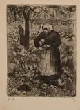 Paysanne dans les choux. 1885 by Camille Pissarro, Eau-forte et aquatinte sur vergé crème, sold Dec 2023