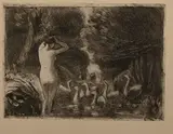 Baigneuse aux oies. 1895 by Camille Pissarro, Eau-forte, pointe sèche et aquatinte sur vergé mince, sold Dec 2023
