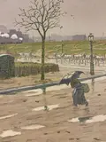 La butte Montmartre vue des fortifications. planche 5 de la série «LesPaysages Parisiens». 1900 by Henri Rivière, Lithographie en couleurs sur vélin glacé timbrée, avec la ligne de texte dans le bas, sold Dec 2023