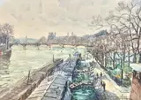 Les quais et les péniches à Paris by Georges Rose, Aquarelle et crayon gras, sold Nov 2018