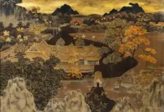 Paysage de pagodes dans une clairière by Phuc Duyen Tran, Panneau en bois laqué polychrome et or, sold Nov 2024