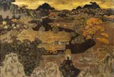 Paysage de pagodes dans une clairière by Phuc Duyen Tran, Panneau en bois laqué polychrome et or, sold Nov 2024