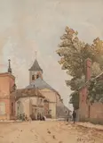 Eglise et rue de village animée by Henri Harpignies, Aquarelle, sold Nov 2024