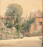 Maisons et jardins bordant un petit canal by Henri Harpignies, Aquarelle, sold Nov 2024