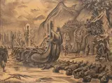 Cérémonie tahitienne by Herman Gouwe, Fusain et rehauts de gouache blanche sur papier, sold Nov 2024