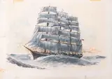 Le trois-mats "Pamir by Albert Brenet, Gouache et encre sur carton, sold Oct 2024