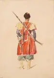 Soldat géorgien de dos by Auguste Denis Raffet, Mine de plomb et aquarelle sur papier, sold Oct 2024