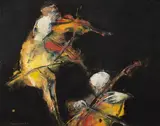 Les violonistes by Kovacs Tamas Vilmos, 1984, Gouache sur papier contrecollé sur toile, sold Sep 2024