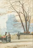 Paris, Le Louvre et quai de Seine animé d'une fleuriste ambulante et d'un bouquiniste by Laure Brouardel, Aquarelle, sold Jul 2024
