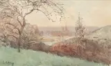 Boucle de la Seine bordée d'arbres et d'une ville avec tours de cathédrale by Jean-Eugène Clary, Aquarelle sur papier, sold Jul 2024