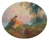 Amour allumant un feu au bord d'un lac. 1923 by Georges Stelly-Desmoulins, Pastel ovale, sold Jul 2024