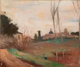 Paysage romain en automne sur fond d'église avec dôme, derrière deux arbres by Lucien Mainssieux, Huile sur traits de crayon sur carton, fixé sur châssis, sold Jun 2024