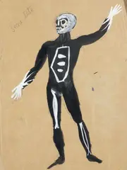 La mort. Maquette de costume pour « Los caprichos by Antoni Clavé, Lavis et gouache, annoté Serre tête en haut à gauche Porte au verso les cachets des Ballet, sold Nov 2022