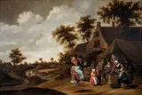 Le goûter des enfants devant l'auberge by Cornelis Droochsloot, Panneau de chêne, parqueté, sold Oct 2022
