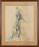 Elégante au chapeau de paille by Louis Icart, Crayon sur papier signé en bas à droite, sold Nov 2024