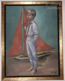 Portrait de jeune garçon debout près d’un voilier by Jean-Denis Maillart, Toile signée en bas à droite, sold Nov 2024