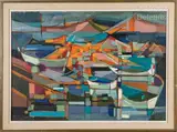 Barques au mouillage by Jacqueline Fontaine, Toile signée en bas à droite, sold Oct 2024