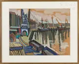 Cargos à quai by Jacqueline Fontaine, Gouache signée en bas à droite, sold Oct 2024