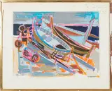 Barques au mouillages by Jacqueline Fontaine, Gouache signée en bas à droite, sold Oct 2024