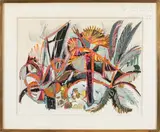 Composition aux palmiers by Jacqueline Fontaine, Gouache signée en bas à droite, sold Oct 2024