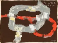 Grande composition fond marron II by Jun'ichi Dobashi, 1960, Gouache sur papier, sold Jul 2024