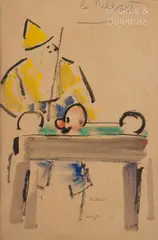 Le billard by Edmond Heuzé, Gouache sur papier, sold Jul 2024