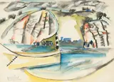 Paysage à la barque by Michel Patrix, Aquarelle et fusain sur papier, sold Jul 2024