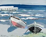 Deux barques à Petite Madelaine, Gaspésie 1964 by Wilfrid Corbeil, Gouache, sold Aug 2024