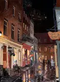 The man with the red umbrella, Petit Champlain, Old Québec City by Horace Champagne, Pastel, sold Jun 2024