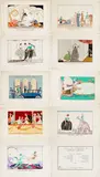 Le Bonheur du Jour ou Les Graces à la Mode" Suite de 9 des 16 planches d'origine: "Minuit!..ou l'appartement à la mode" "Les alliés à Versailles" "Les belles sa by Georges Barbier, Eau-forte, coloris au pochoir (H, sold Feb 2024