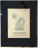 L'invitation au baptême d'une guidouille". Une des 9 illustrations pour JARRY (Alfred). Décervelage. S.l., Alexandre Iolas by Max Ernst, 1971, Lithographie en bleu sur Japon nacré, sold Feb 2024
