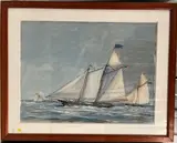 America en 1851 tel qu'il était dans sa forme première vendue à John de Blaquière la même année. Course essai entre America et Lavrock le 30 juillet 1821 by René Goulet, Aquarelle sur papier, sold Feb 2024