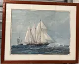 Ailée II à Virginie Heriol (?) Trois mâts, goélette 1928-1932. Remporte la courte Sonia ailée 1931 by René Goulet, Aquarelle et mine de plomb sur papier, sold Feb 2024